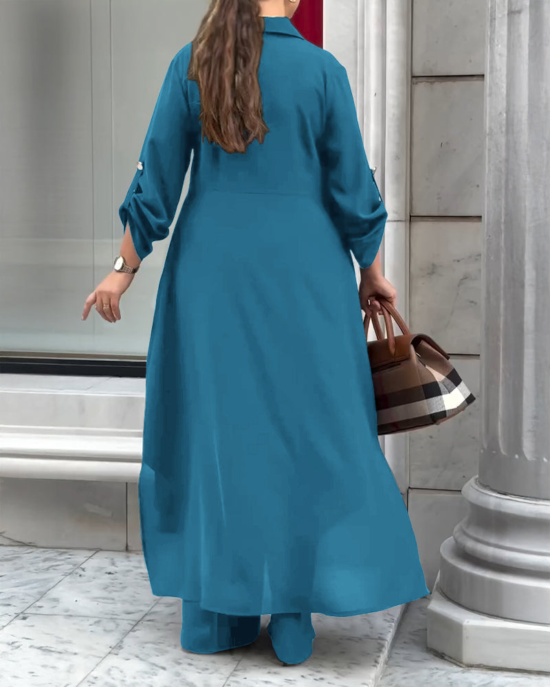2 Pieces Outfit Turn-down Collar Turn-Up Sleeves Button Front Asymmetrical Hem Longline Blouse and Casual Elastic Waist Wide Leg Pants Set - Image 8