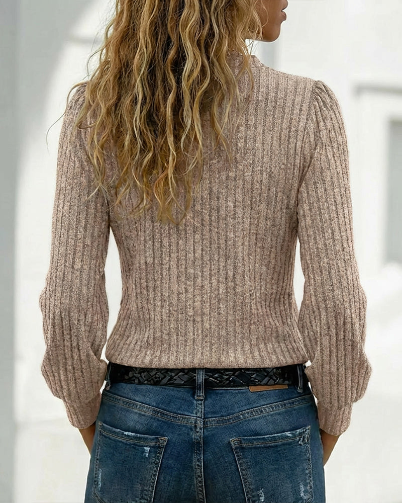 Button Decor Asymmetrical V-Neck Long Sleeve Ribbed Tee Casual Knit Brushed Top - Image 8
