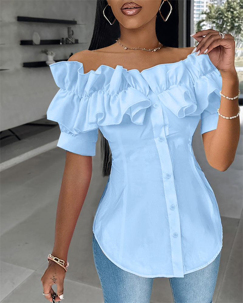 Ruffles Off Shoulder Short Sleeve Button Front Blouse Asymmetrical Hem Top - Image 16