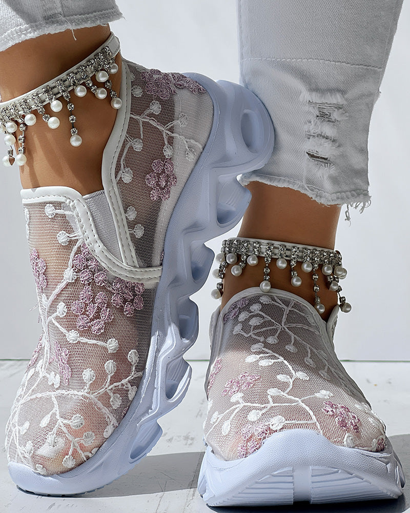 Floral Pattern Sheer Mesh Patch Round Toe Sneakers - Image 9