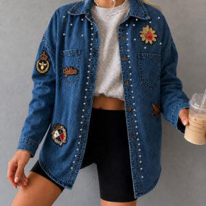 Women's Rhinestone Denim Shacket Vintage Badge Embroidered Button Down Long Sleeve Washed Jean Jacket