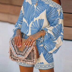 Women's Tropical Leaf Print 2 Piece Set Skew Neck Lantern Sleeve Top and Elastic Waist Shorts with Pockets & Lace