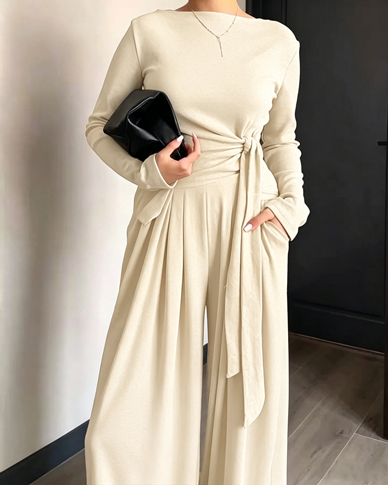 Women's 2 Piece Knit Lounge Set Long Sleeve Tie Waist Top and High Waisted Wide Leg Pants Casual Soft Sweatsuit with Pockets - Image 23