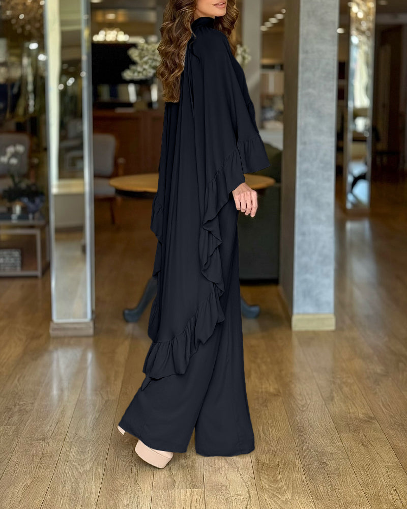 2 Pieces Outfit High Neck Hollow-out Back Ruffles High-Low Hem Cape and Casual Elastic Back Waist Wide Leg Pants Set - Image 5