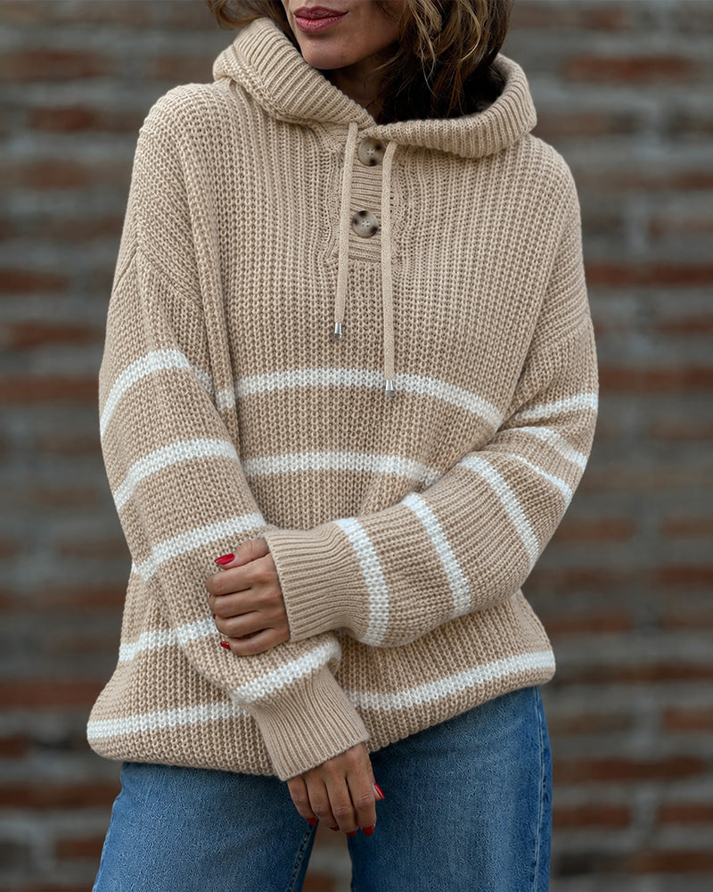Women's Striped Henley Drawstring Hooded Sweater Loose Fit Lantern Sleeve Knit Pullover - Image 10