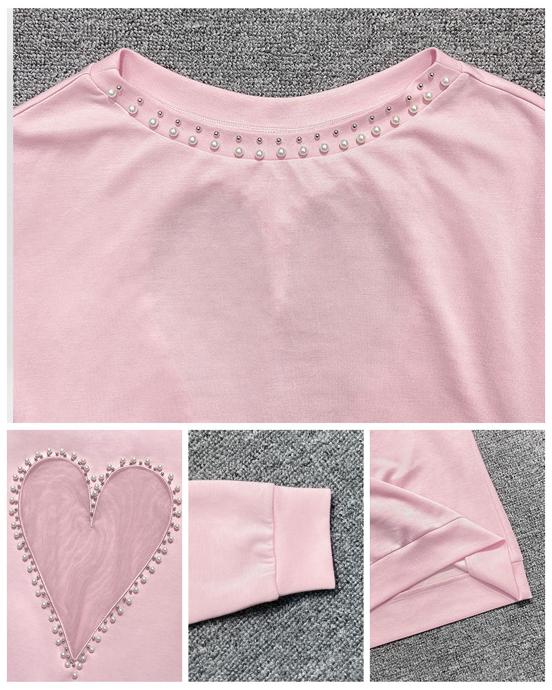 Pearls Decor Sheer Heart Pattern Mesh Spliced Tee Casual Drop Shoulder Long Sleeve Top - Image 8