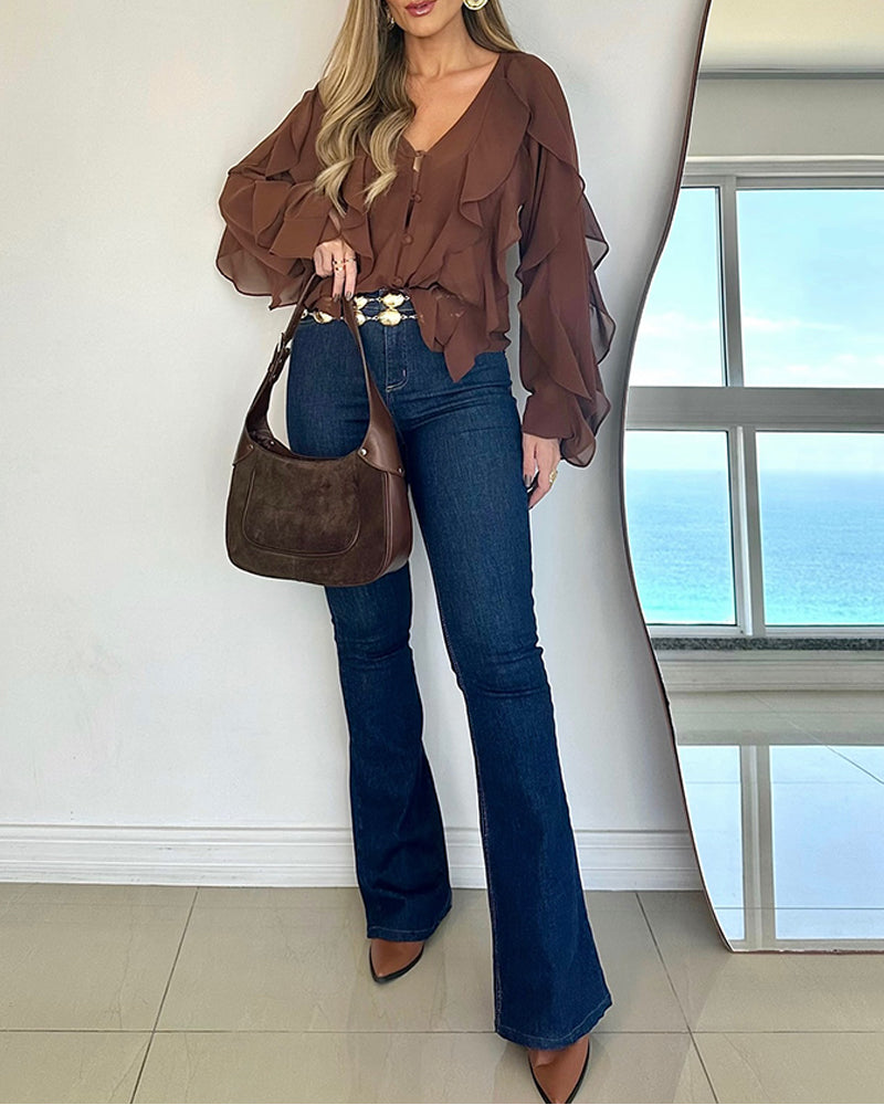 V Neck Shoulder Ruffles Design Blouse Casual Button Front Long Sleeve Top - Image 4