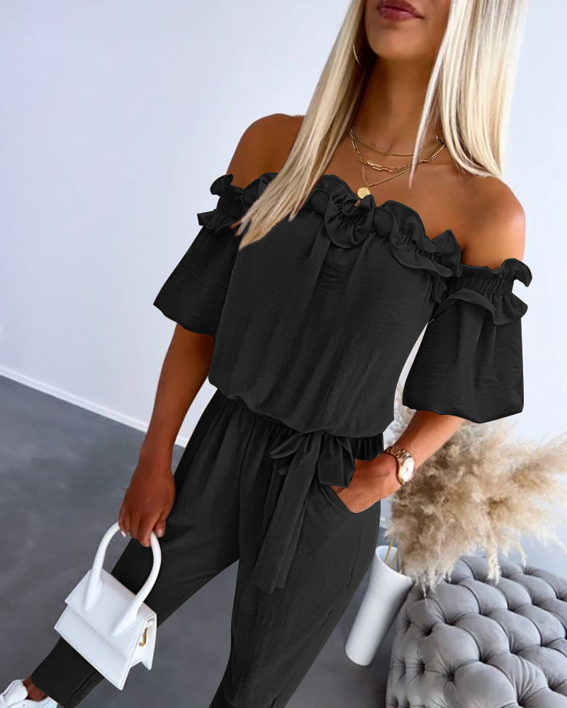 Frill Trim Off Shoulder Short Sleeve Tie Waist Overalls Casual Textured Jumpsuit - Image 6