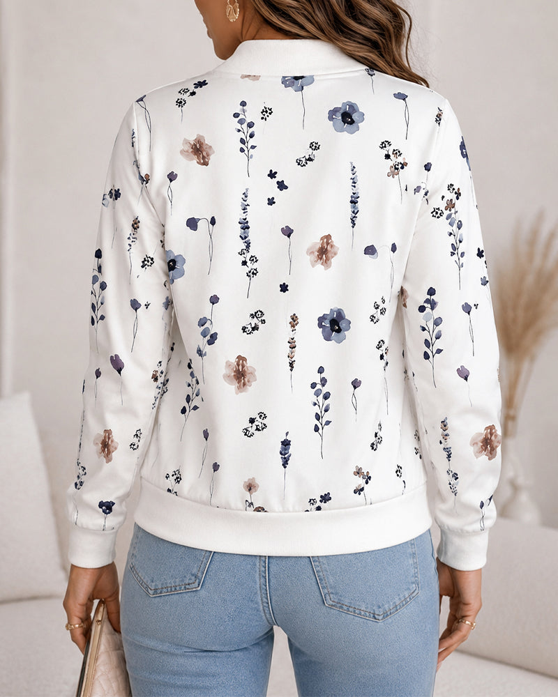 Women's Floral Print Bomber Jacket Casual Zip Up Long Sleeve Outerwear - Image 2