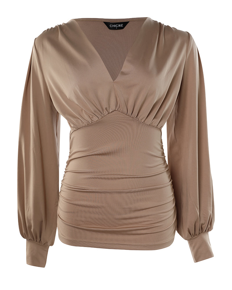 Deep V-Neck Lantern Sleeve Ruched Blouse Casual Slim Fit Top - Image 4