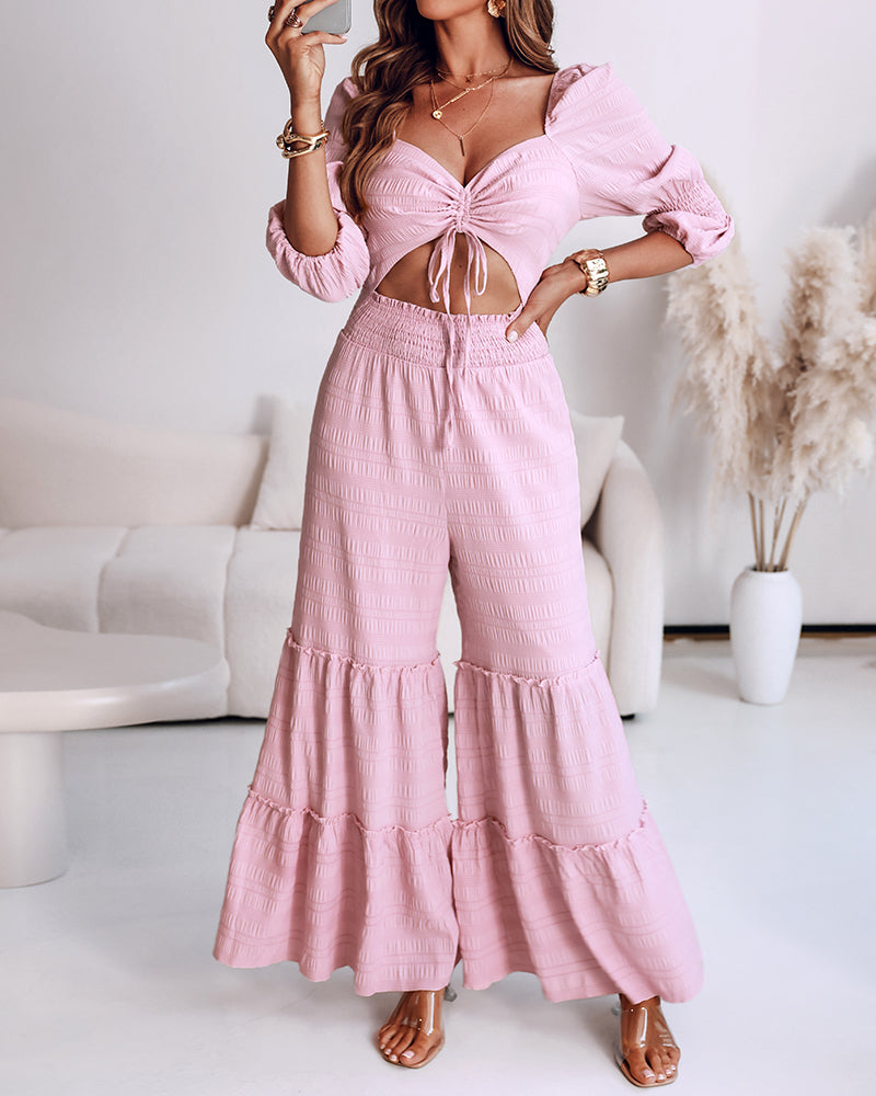 Sweetheart Neck Puff Sleeve Drawstring Front Shirred Overalls Casual Cutout Front Ruffle Hem Wide Leg Jumpsuit - Image 3