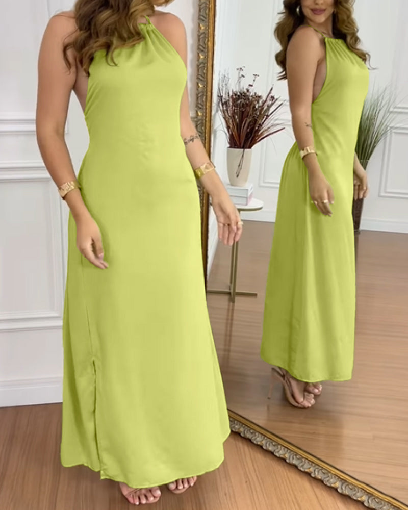 Halter Sleeveless Backless Maxi Dress Casual Shirred Back Side Slit Vacation Dress - Image 26