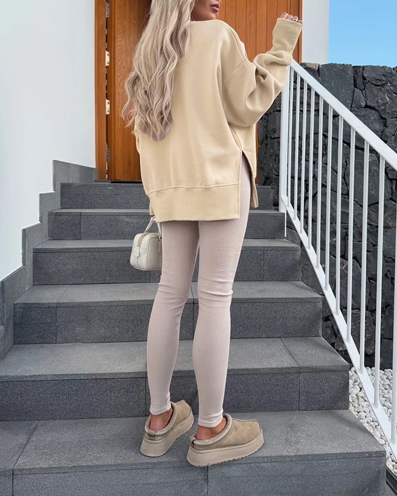 Women's Casual Crewneck Sweatshirt Loose Long Sleeve Side Slit Pullover Top with Thumb Holes - Image 3