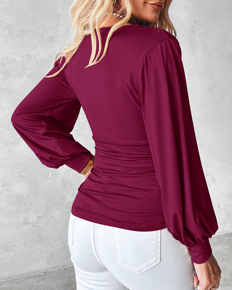 Deep V-Neck Lantern Sleeve Ruched Blouse Casual Slim Fit Top - Image 14