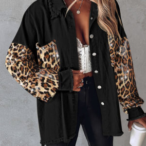 Contrast Leopard Sequin Patchwork Long Sleeve Jacket Top Button Front Raw Hem Shacket