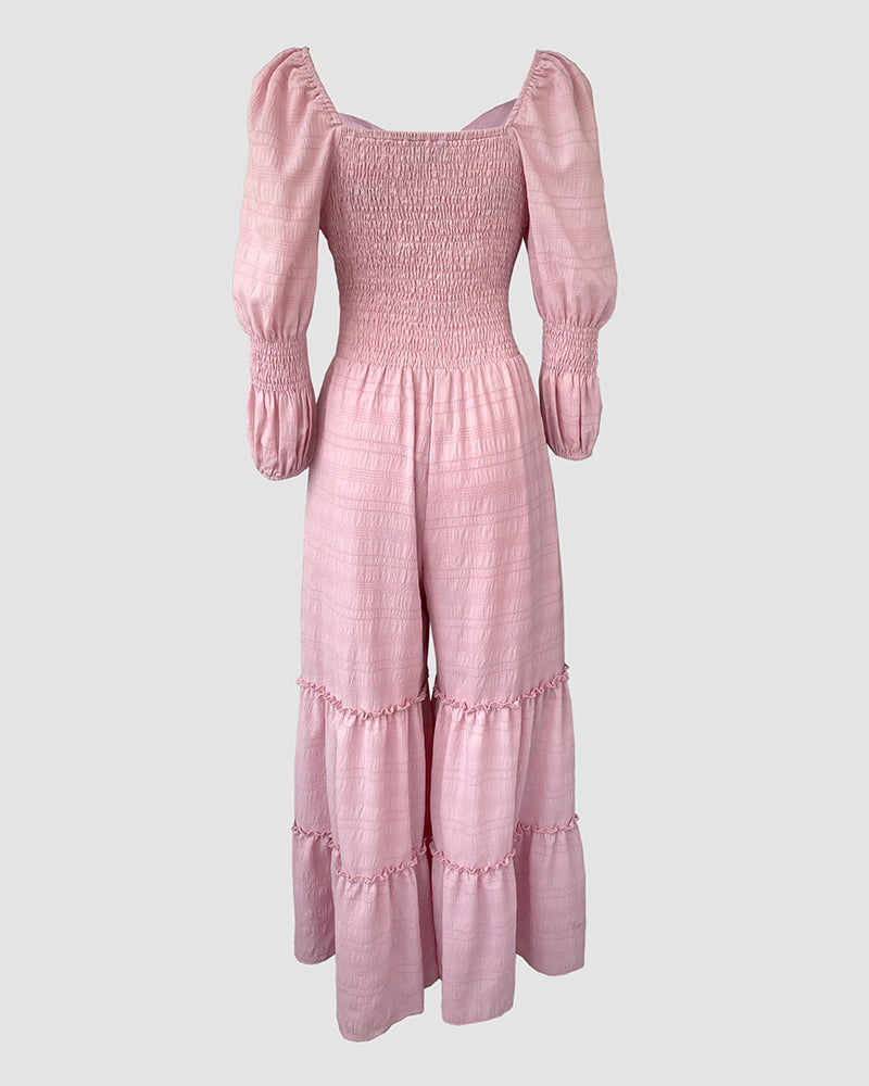 Sweetheart Neck Puff Sleeve Drawstring Front Shirred Overalls Casual Cutout Front Ruffle Hem Wide Leg Jumpsuit - Image 7