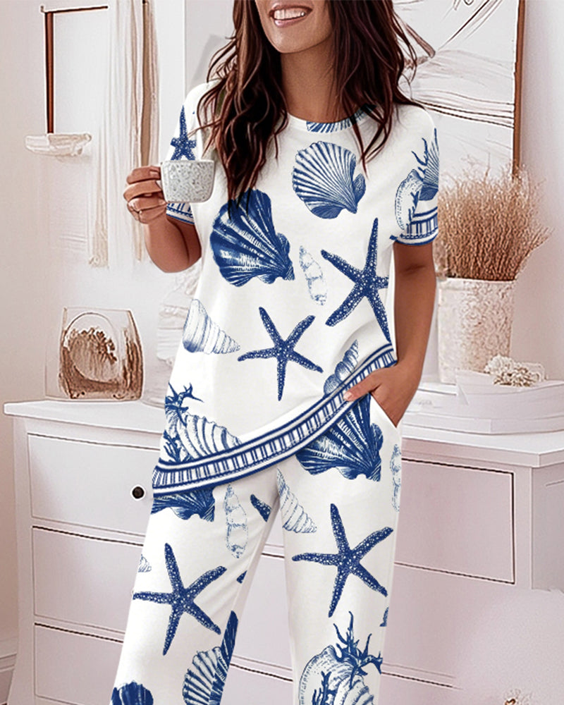 Women's 2 Piece Ocean Style Print Lounge Sets Short Sleeve T Shirt and High Waisted Wide Leg Pants Pajamas Sets with Pockets - Image 5