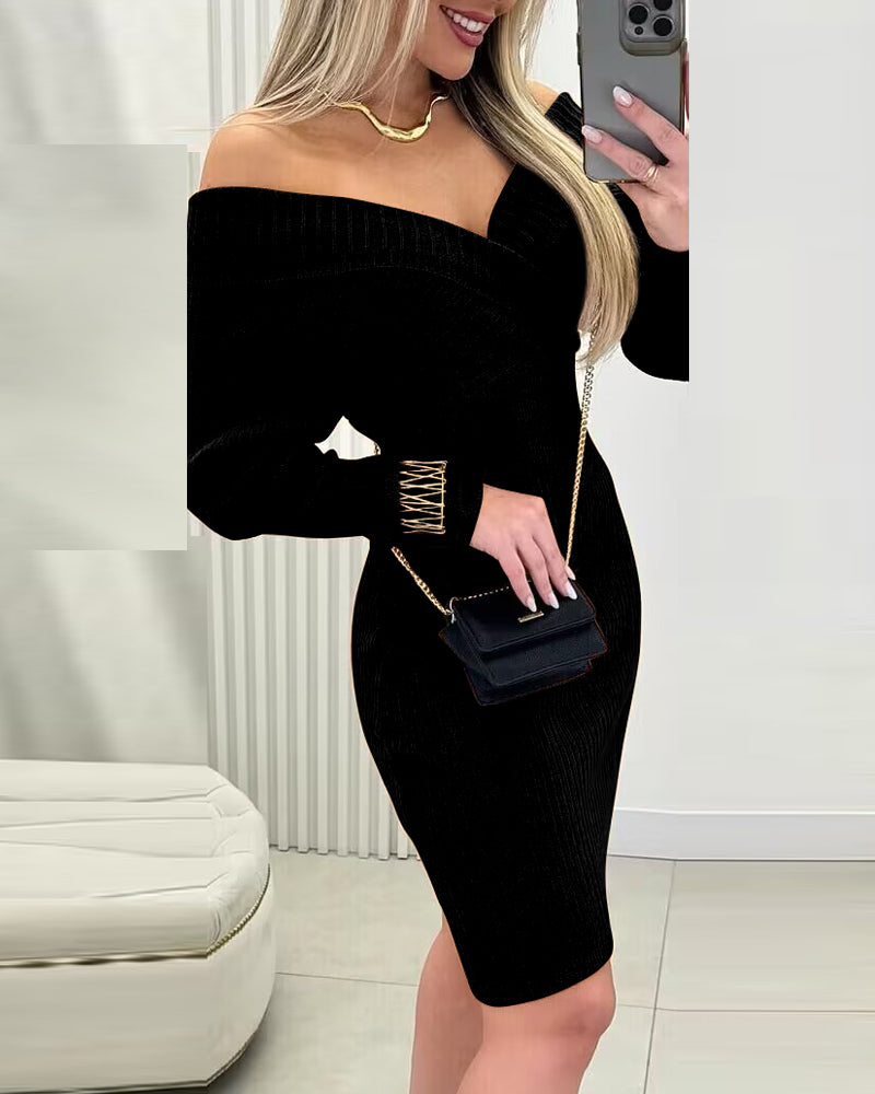 Off Shoulder Slim Fit Knit Long Sleeve Dress Bodycon Sweater Dress - Image 4