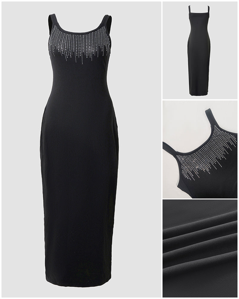 Women's Rhinestone U-Neck Maxi Dress Slim Fit Bodycon Sleeveless Long Knit Dress Elegant Evening Party Dress - Image 5