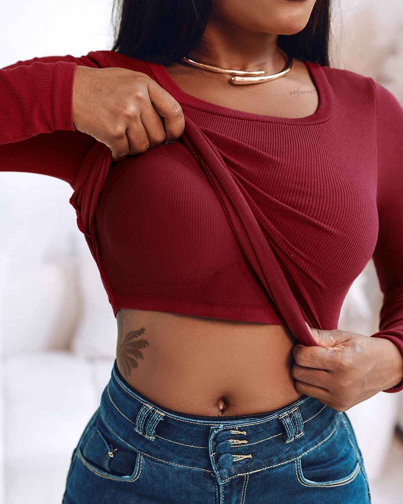 Built In Bra U Neck Tee High Stretchy Knit T-Shirt Long Sleeve Top - Image 26