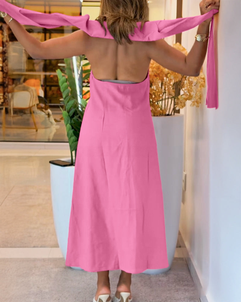 Turn-down Collar Sleeveless Button Front Shirt Dress Casual Open Back Tied Detail Commuting Dress - Image 3