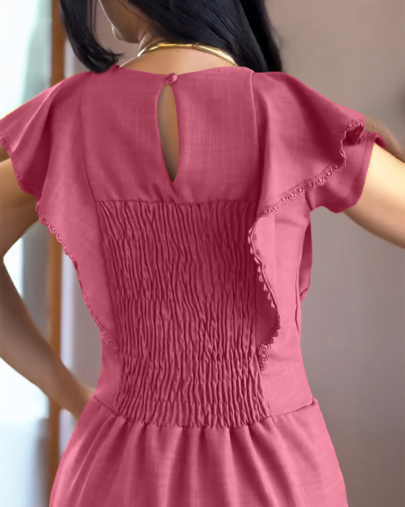 Butterfly Sleeve Hollow-out Back Shirred Dress Casual Cinched Waist Lace Trim Ruffle Hem Commuting Dress - Image 9