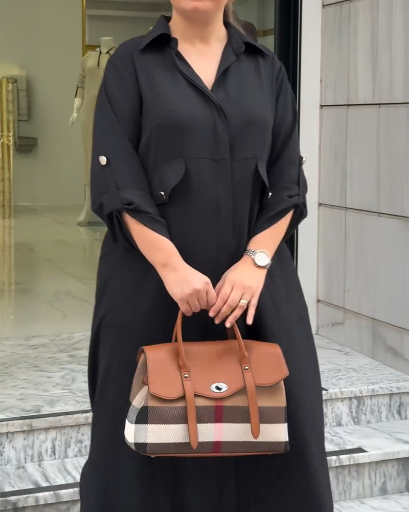 2 Pieces Outfit Turn-down Collar Turn-Up Sleeves Button Front Asymmetrical Hem Longline Blouse and Casual Elastic Waist Wide Leg Pants Set - Image 17