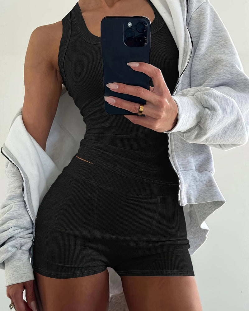 2PCS Micro-Ribbed U-Neck Tank Top & Boxer Set Cozy Loungewear - Image 7