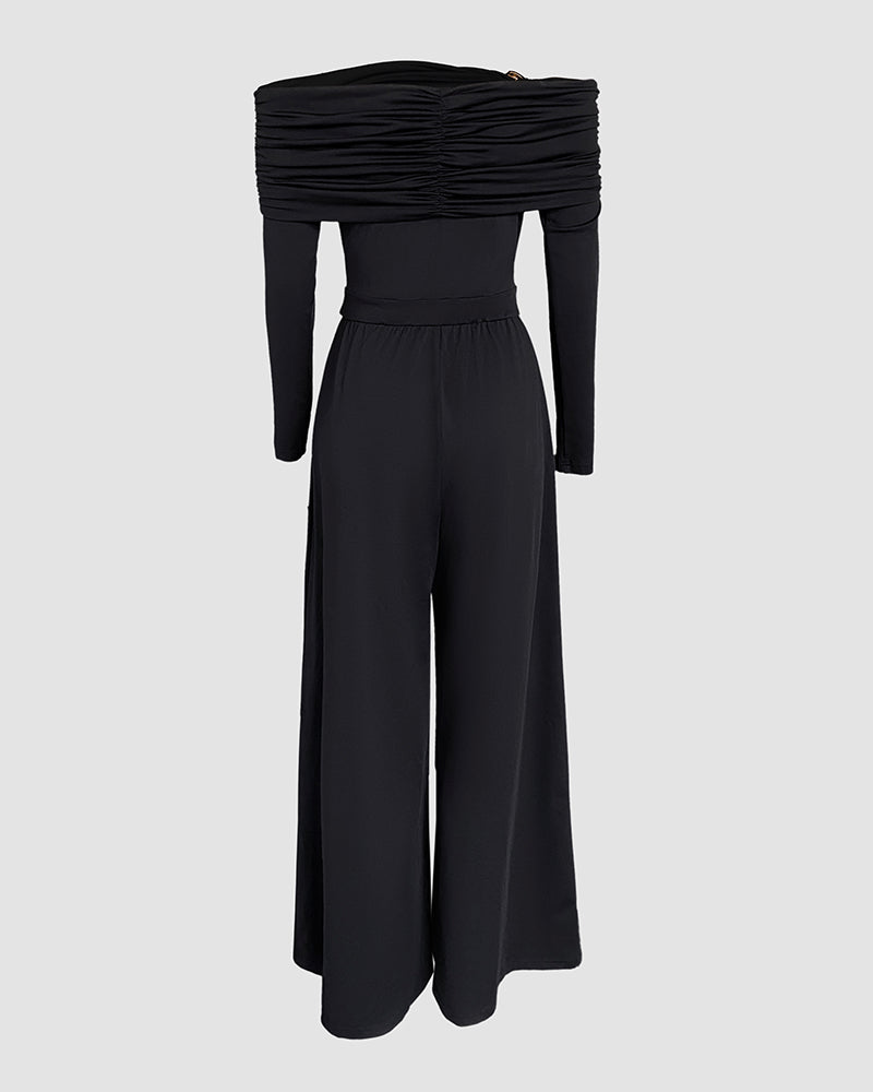 Metal Ring Decor Off Shoulder Ruched High Waist Jumpsuit Casual Cinched Waist Wide Leg Jumpsuit - Image 8