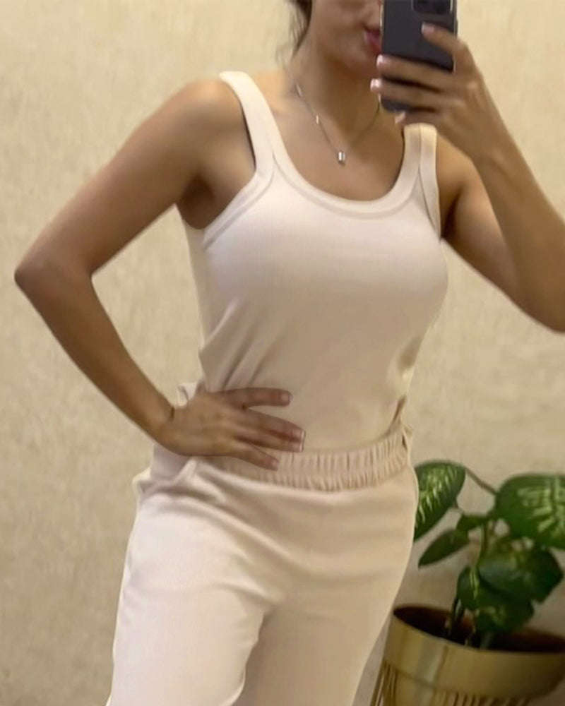 2 Piece Loungewear Set U-Neck Sleeveless Ribbed Tank Top and Stretchy High Waist Straight Leg Pocket Design Pants Tracksuit - Image 5