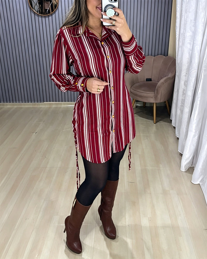 Women's Striped Shirt Dress Button Down Long Sleeve Shirred Waist Casual Dress - Image 19