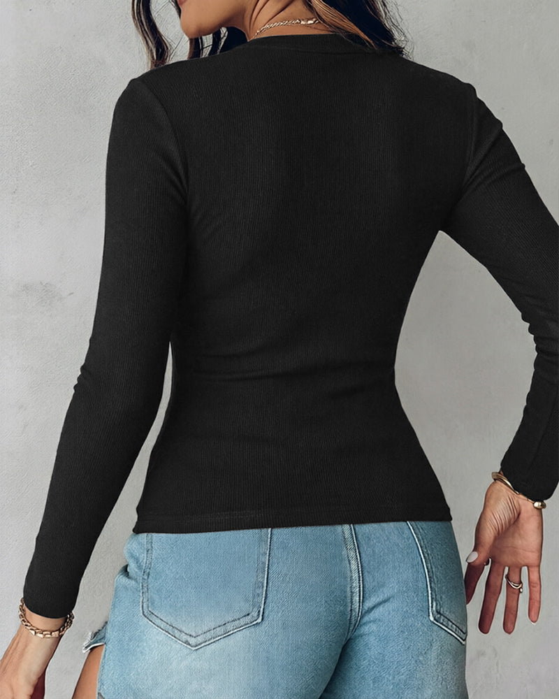 Women's V Neck Long Sleeve Ribbed Knit Top Slim Fit Base Layer Shirt Soft Stretchy Casual Tee with Built-in Bra - Image 2
