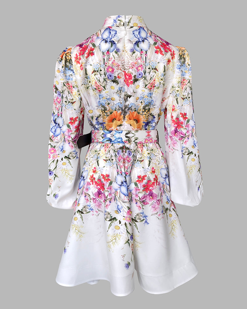French Style Floral Print Stand Collar Lantern Sleeve Mixed-shape Button Down Dress Elegant Palace Style Cinched Waist Umbrella Hem Dress with Belt - Image 7