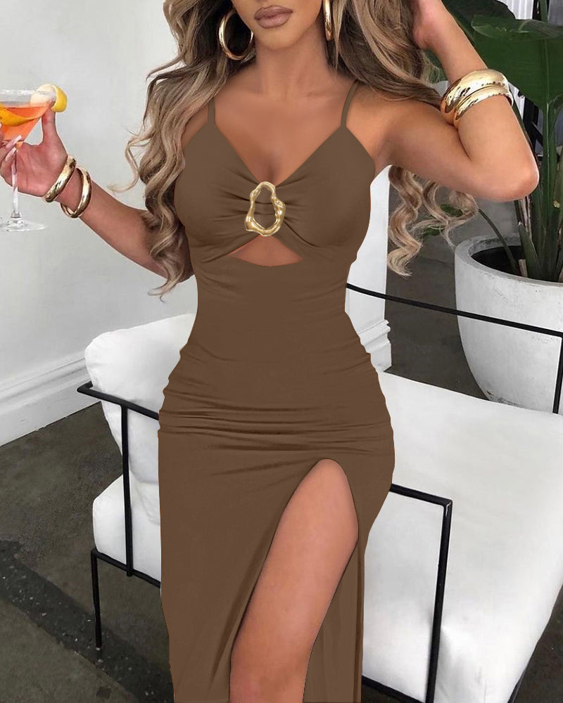 Metal Ring Decor V-Neck Adjustable Spaghetti Straps Bodycon Dress High Slit Hollow-out Evening Dress - Image 15