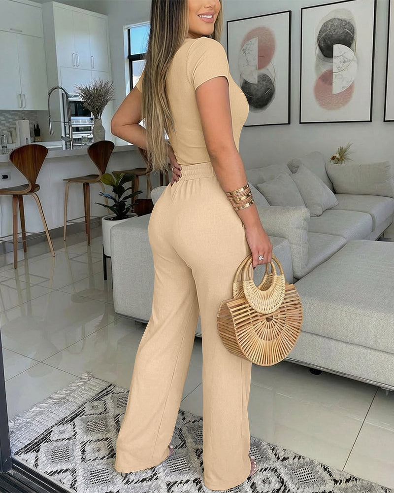 2 Pieces Outfit U-Neck Short Sleeve Slim Fit Ribbed Bodysuit and Drawstring Elastic Waist Seam Front Pants Casual Versatile Set - Image 2