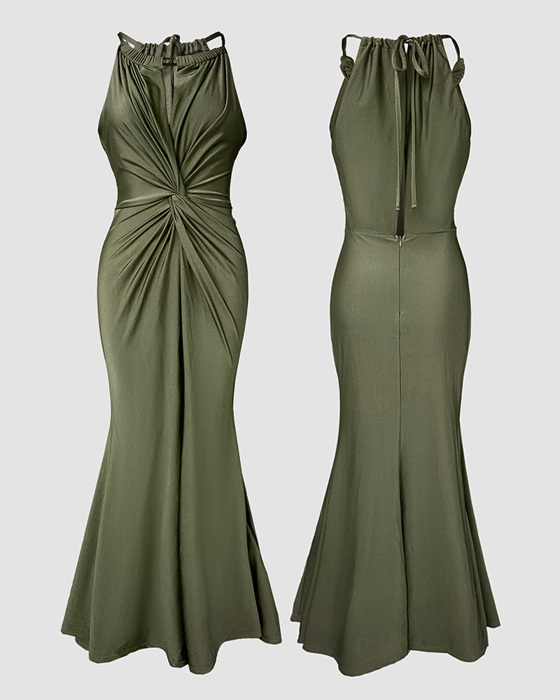 Women's Halter Tie Satin Maxi Dress Twist Front Cutout Backless Mermaid Cockail Dress Ruched Evening Party Dress - Image 7
