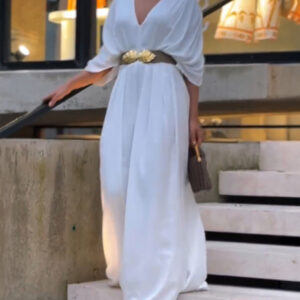 Deep V-Neck Ruched Three Quarters Sleeve Backless Overalls Casual Waist-Gathered Tied Detail Jumpsuit without Belt