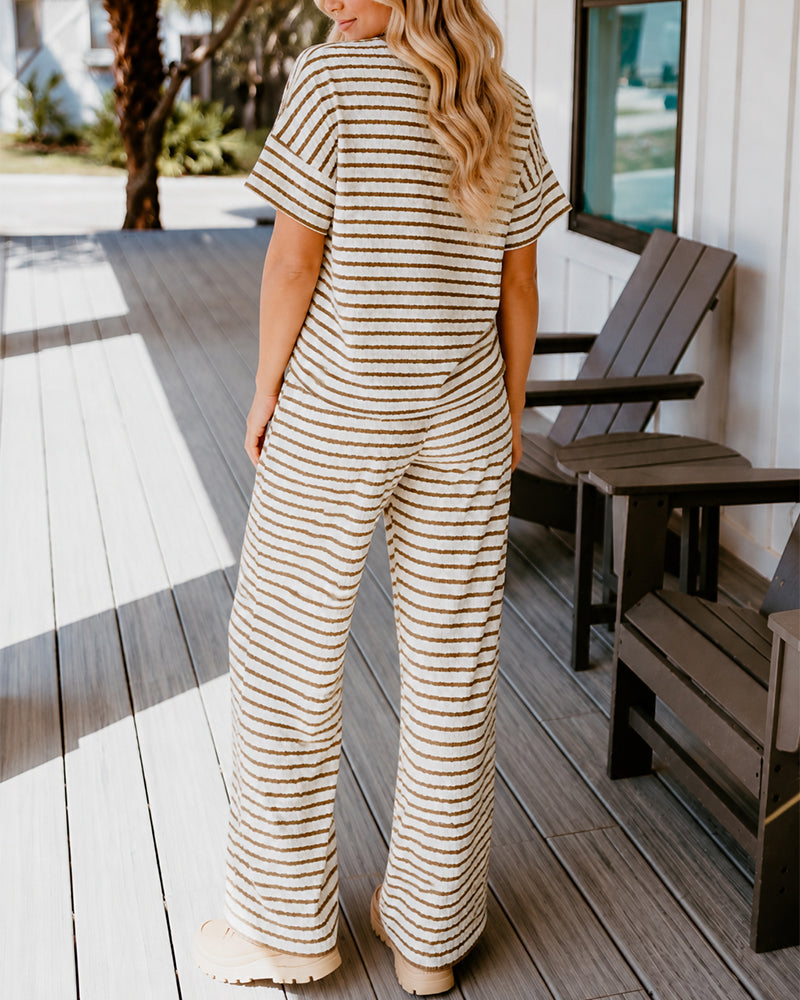Women's 2 Piece Striped Lounge Set V Neck Short Sleeve Top and Wide Leg Pants Set - Image 2