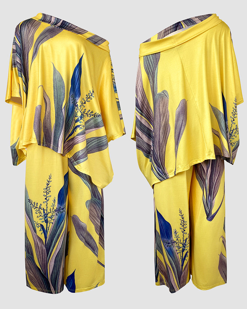 2 Pieces Outfit Plants Print Cold Shoulder Batwing Sleeve Top and Casual Wide Leg Pants Set - Image 9