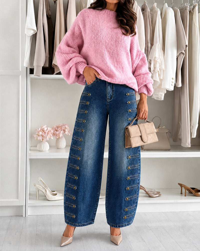 Women's Wide Leg Jeans High Waisted Side Button Denim Pants Distressed Washed Trousers Retro Y2K Streetwear - Image 12