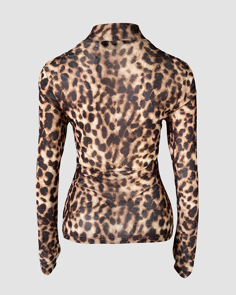 Rhinestone Decor Leopard Print Mock Neck Long Sleeve Tee Sexy Slim Fit Sheer Top - Image 8
