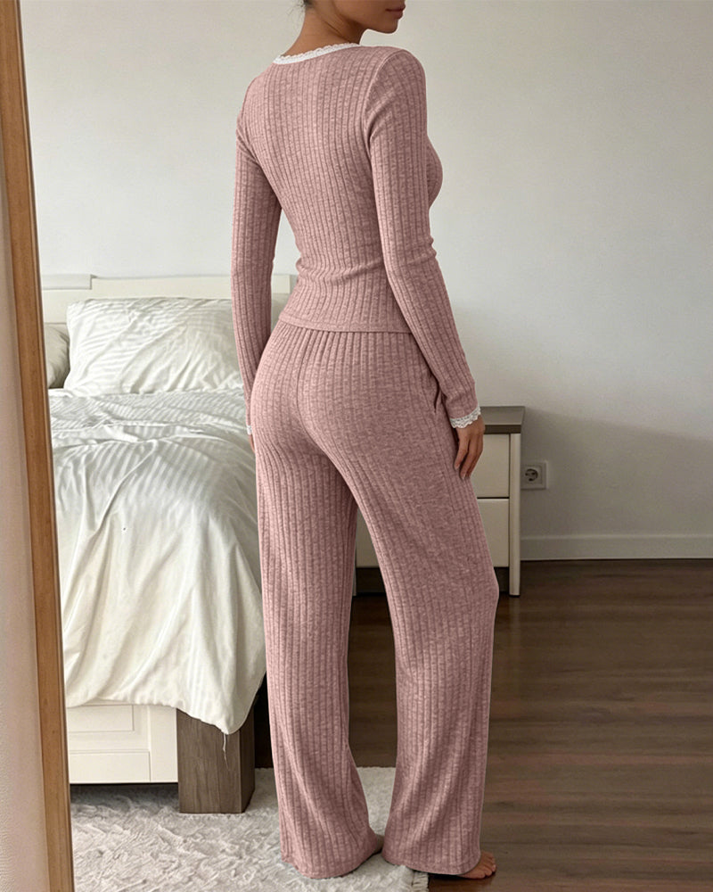 Women's 2 Piece Ribbed Lounge Sets Lace Trim Long Sleeve Top and High Waisted Pants Pajamas Sets with Pockets - Image 12