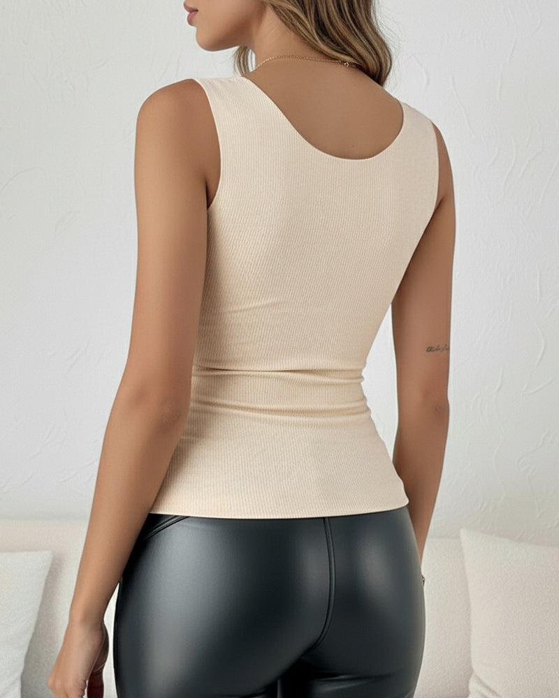 Sheer Mesh Spliced V Neck Sleeveless Built In Bra Tank Casual Warm Fleece Lined Slim Fit Top - Image 9