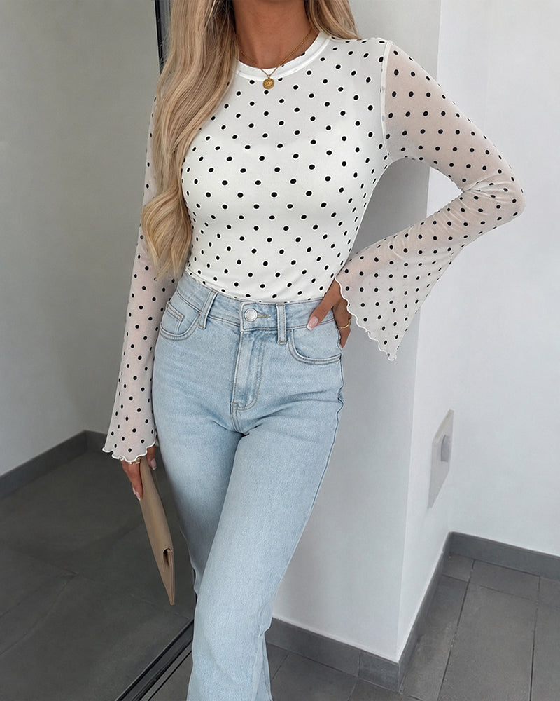 Women's Polka Dot Mesh Top Flare Long Sleeve Boat Neck Lined Asymmetric Frill Hem Blouse Vintage Party Shirt - Image 6
