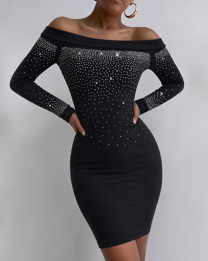 Women's Off-Shoulder Rhinestone Bodycon Mini Dress Long Sleeve Sparkling Party Gown High Waist Sexy Clubwear - Image 2