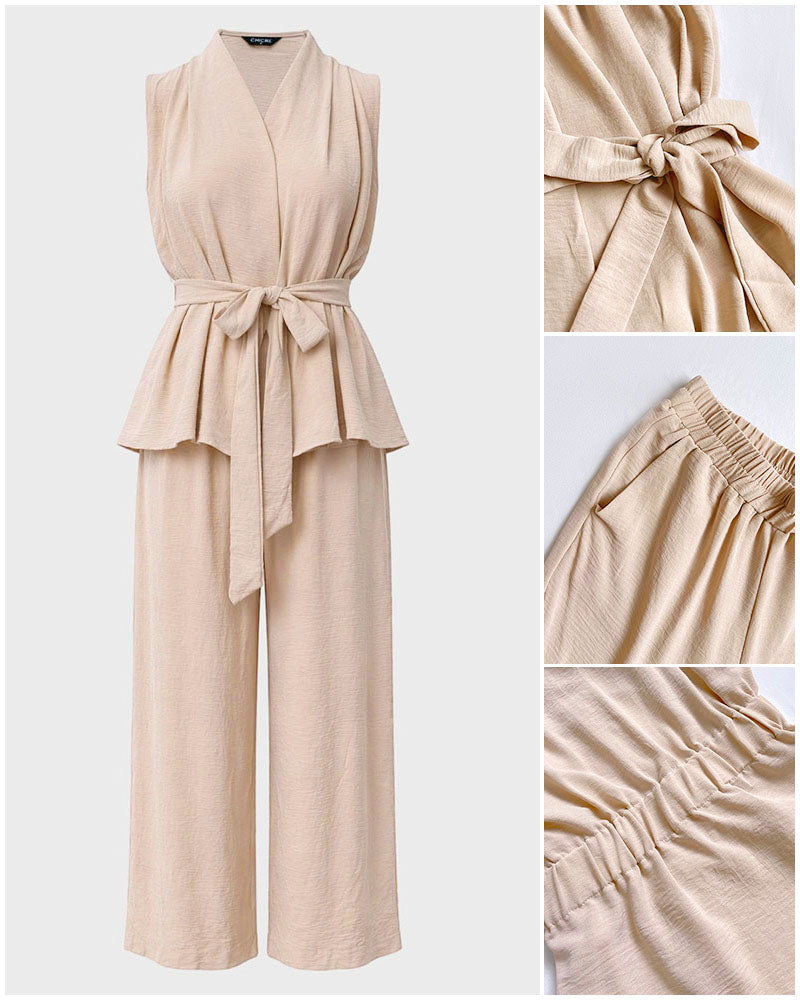 Women's 2 Piece Outfits V Neck Sleeveless Ruched Top and Wide Leg Pants Set Casual Commuting Set with Pockets - Image 6