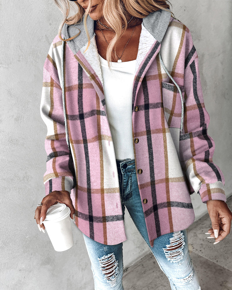 Plaid Print Long Sleeve Button Front Drawstring Hoodie Coat Casual Pocket Design Thermal Lined Shirt Coat - Image 4