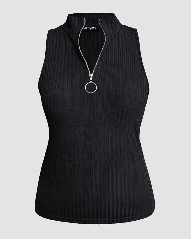 Ribbed O-Neck Slim Fit Zipper Thick Strap Mental O-ring Cinch Waist Tank Casual Top - Image 6
