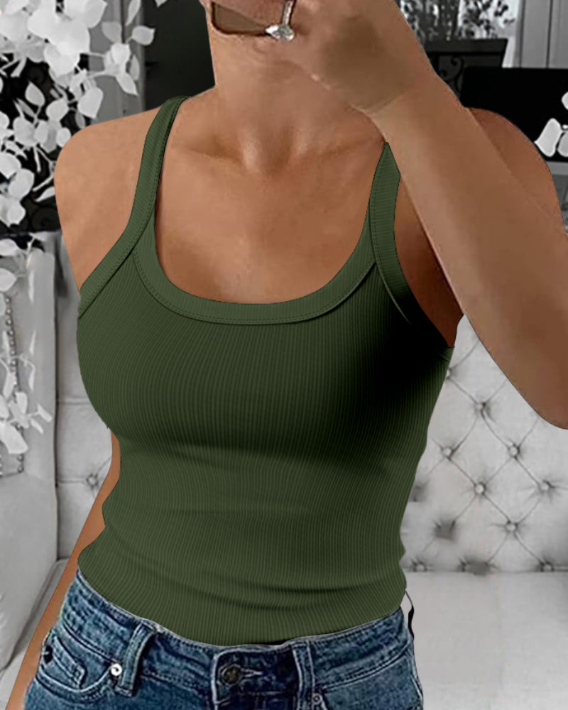 Scoop Neck Spaghetti Strap Ribbed Top Casual Sleeveless Slim Fit Tank - Image 16