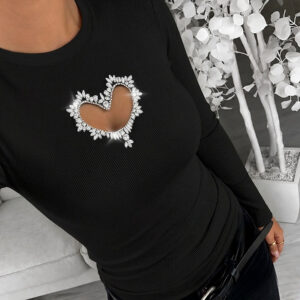Women's Rhinestone Heart Hollow-out Long Sleeve Ribbed Knit Fitted Top